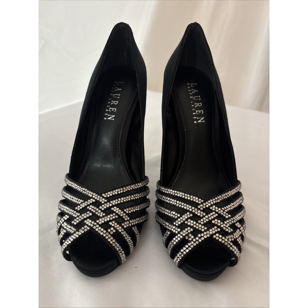 Ralph Lauren BALINA Satin Jewel Peep Toe Evening Pump Heel Black Size 5